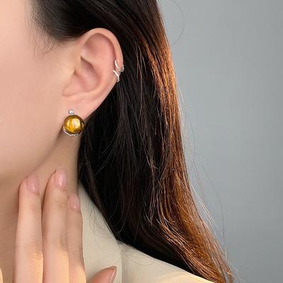 Audífonos redondos con piedra de ojo de tigre para mujer, con temperamento, para el día a día, con exquisitas decoraciones de alta gama.