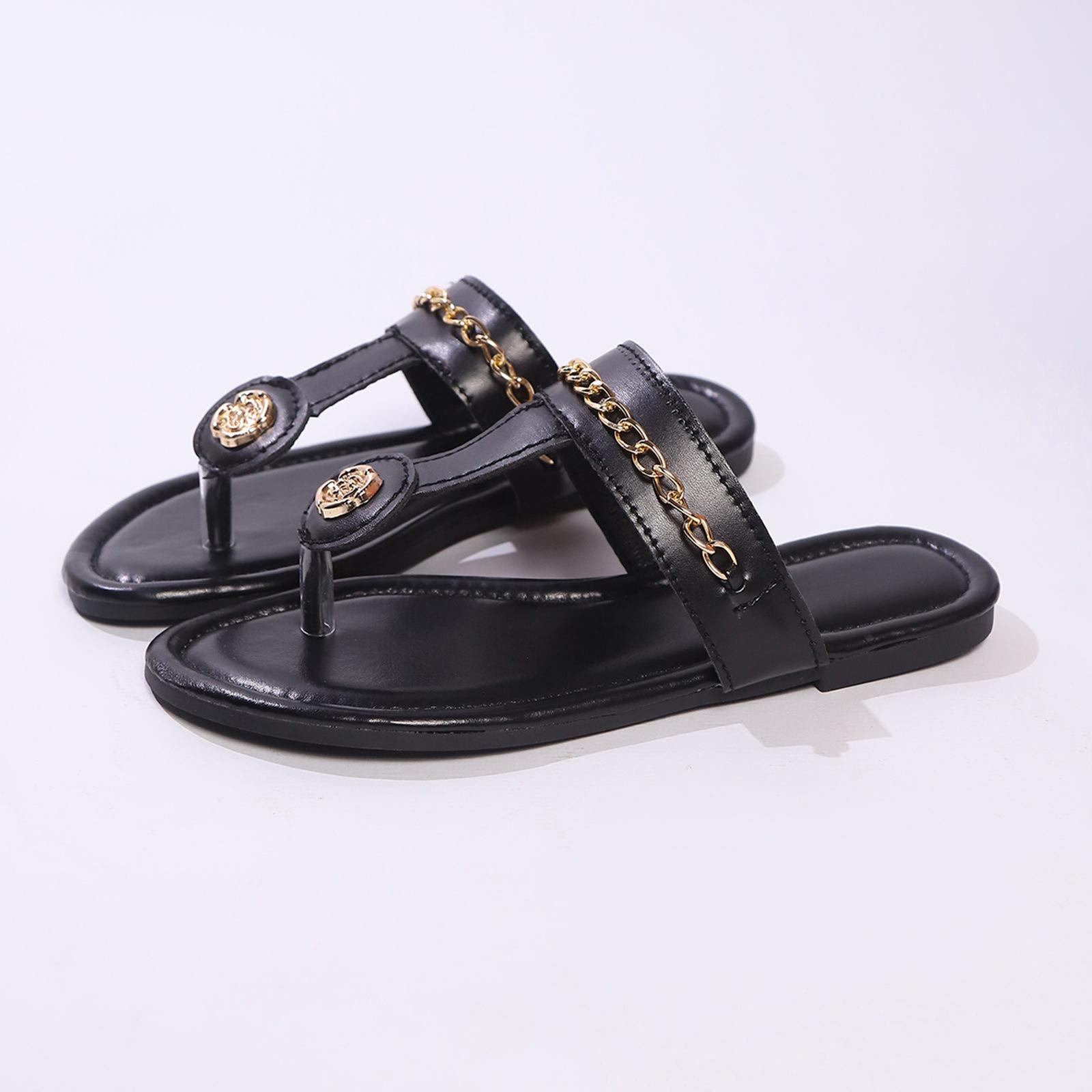 Designer Women s Square Toe Chain Flat Bottom Slippers Beach Herringbone Slippers Decorative Casual Slippers Slides 39