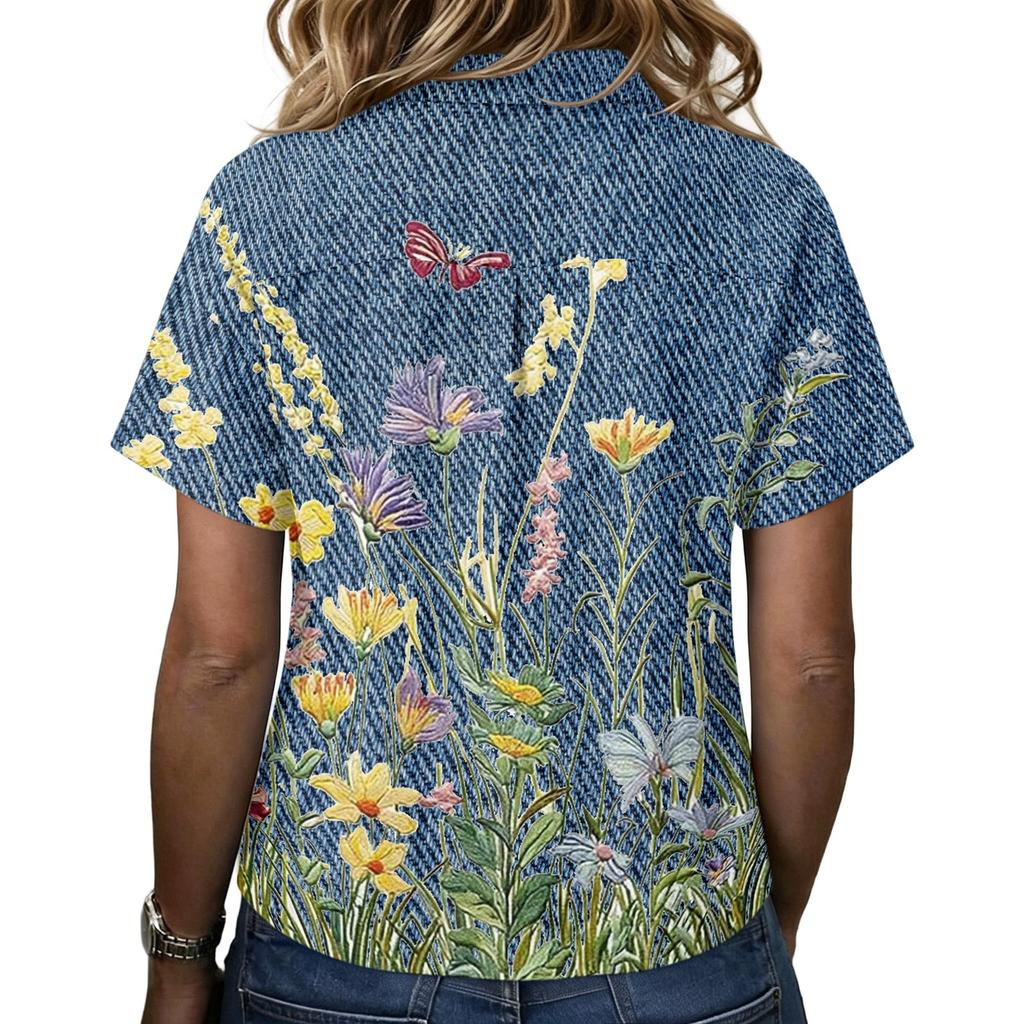 Women's Vintage Floral Print Short Sleeve T Shirt Loose Fit Button Down Polo Collar Linen Blend Casual Top