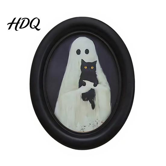 Soft Dark Tone Art Halloween Ghost Wall Art Cute Table Sign Vintage Oval Framed Academia Decor Picture Decorative for Mantel Living Room