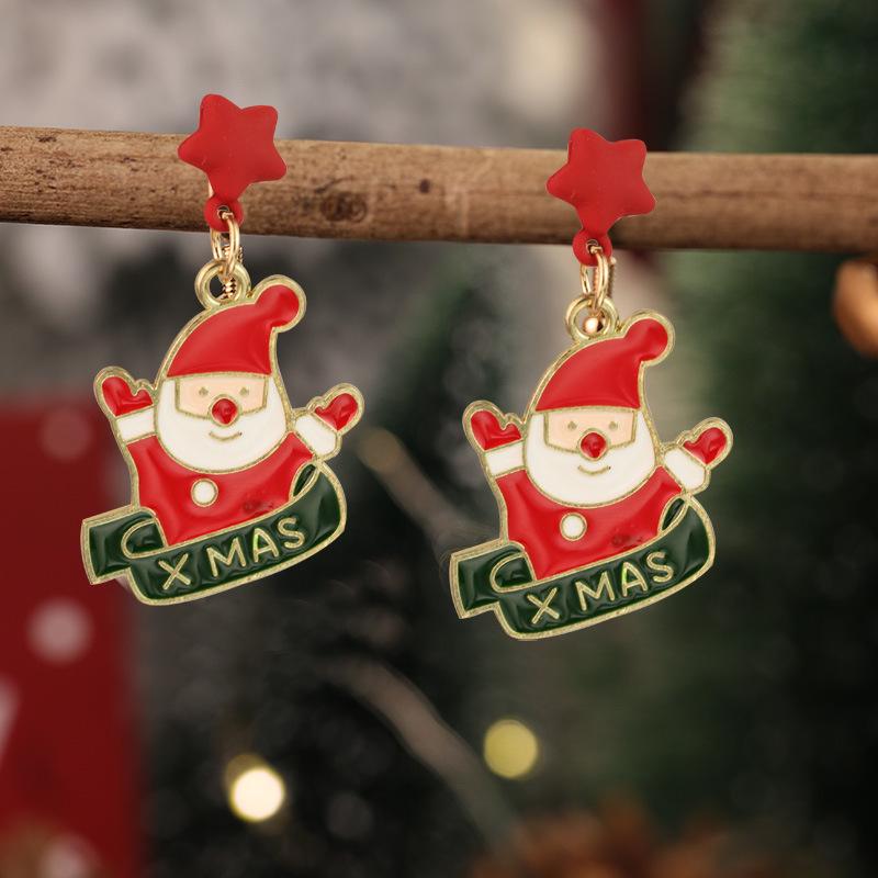 New Christmas Drip Oil Stud Earrings: Red & Green Tree, Snowman, Boots, Bells – Cute Cartoon Jewelry