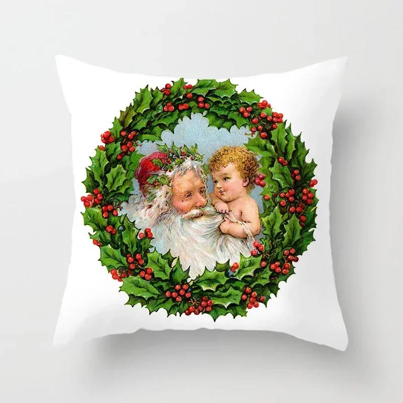 Merry Christmas Decoration Cushion Cover Angel Santa Printed Pillow Cover Holiday Farmhouse Home Decorative Pillowcase