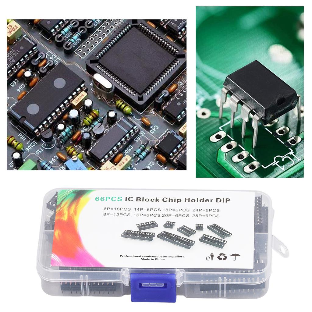 IC Chip Kit, 66pcs DIP IC Sockets Adapter Assortment Kit 6 8 14 16 18 20 24 28 Pins 8 Types IC Socket Adapter Connector