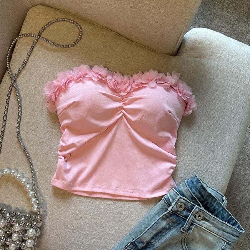 

Цветочный Топ без бретелей Женский Летний Милый Праздничный Сексуальный Плиссированный Укороченный Топ с Поролоновой Чашкой розовый