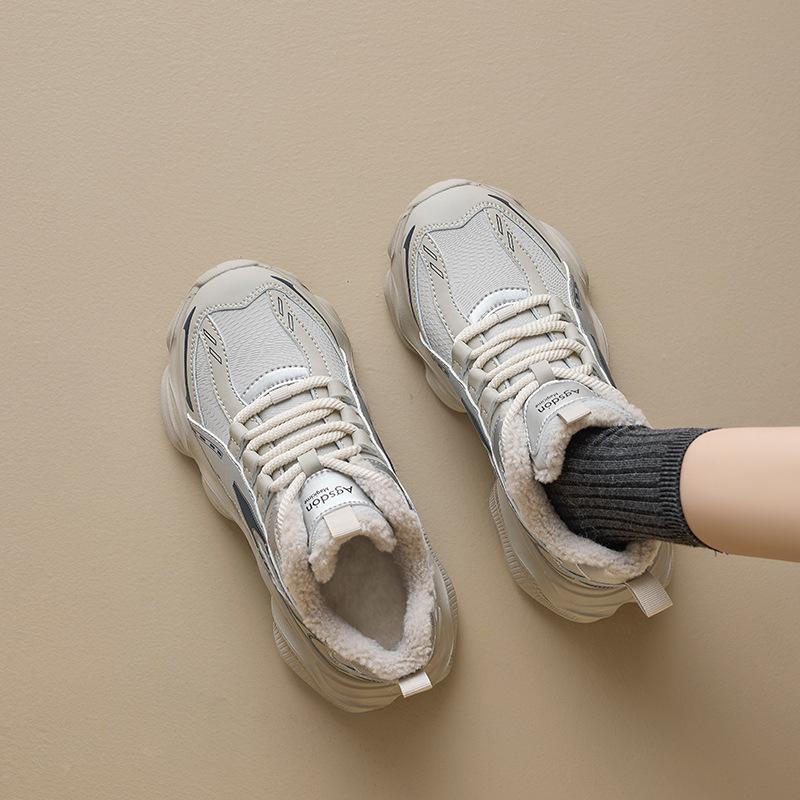 Augustine dad shoes women's 2025 new autumn and winter velvet cotton shoes thick sole heightening casual gray sports shoes