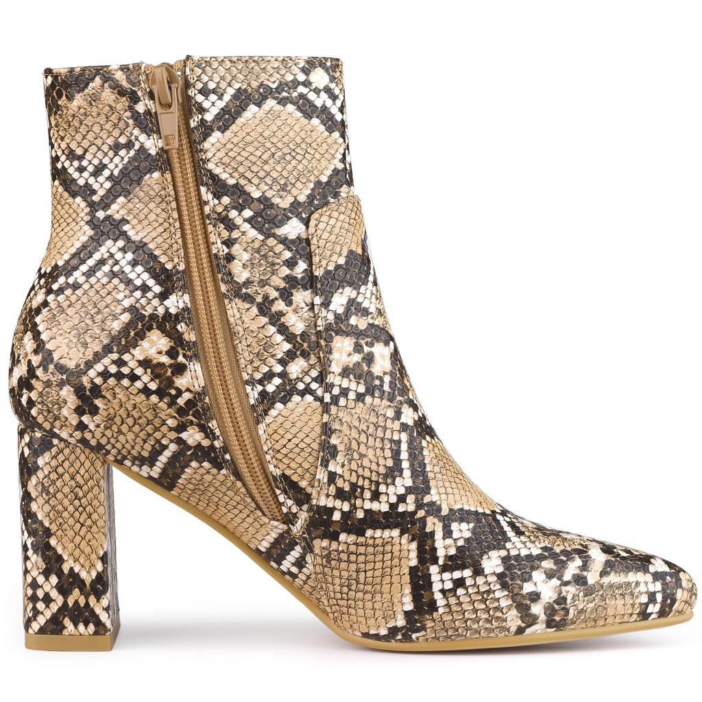 Allegra K Women's Brown Snake Print Sequin Ankle Boots with Chunky Heel and Pointed Toe, Size 26.0 cm