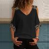 Women Half Sleeve V Neck Cold Shoulder Leopard Patchwork T-shirt Blouse