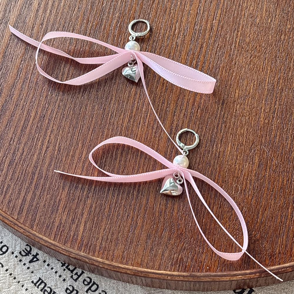 Romantic Imitation Pearl Ribbon Bowknot Statement Earrings for Women Vintage Y2K Heart Aesthetic Earrings 2024 Trendy Jewelry розовый