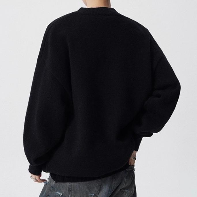 Unisex Autumn & Winter Henley Collar Embroidered Sweater - Trendy Solid Color Knitwear