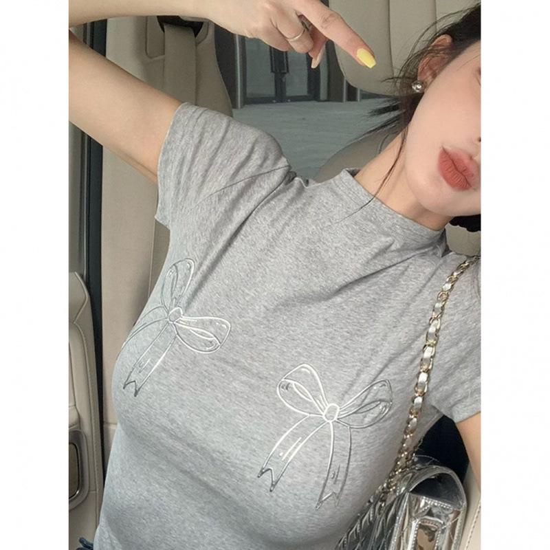 Korean Style Silver Bow Print Top: Women's Short Sleeve Round Neck, Summer Design