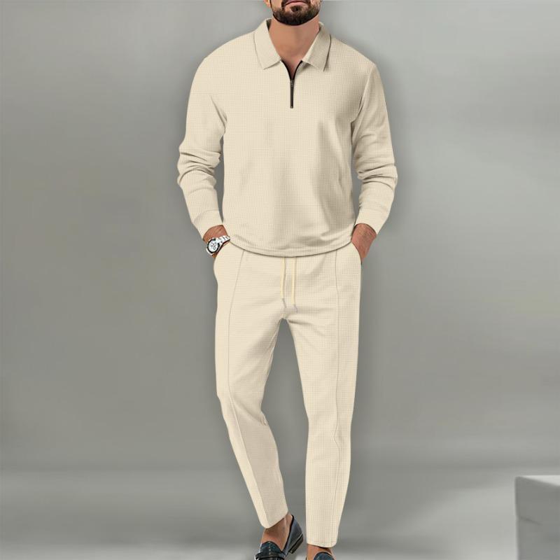 

Men s new waffle solid color zipper long-sleeved sports trousers two-piece set S хакі
