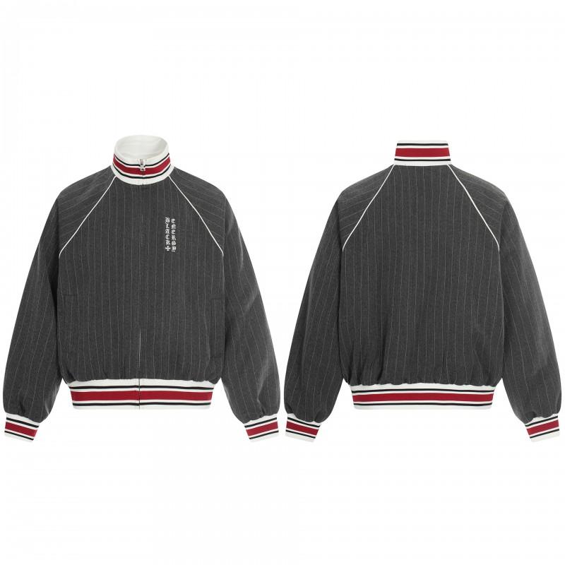 Mens Vintage Baseball Jacket Striped Casual Outerwear Fall Loose Fit Stand Collar Windproof