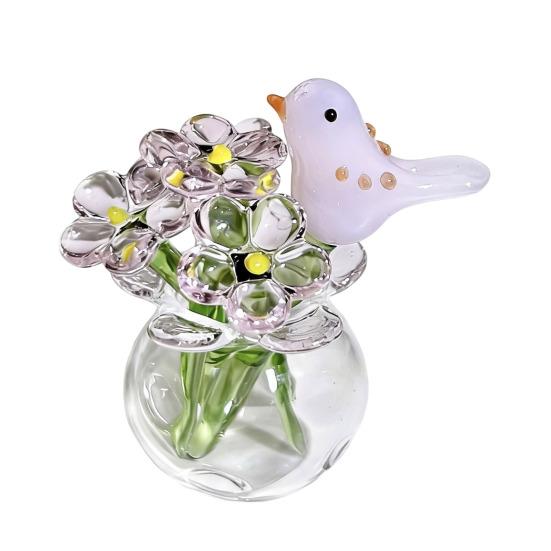 Niedliche Mini-Figur Blume aus Kunstkristall, mundgeblasenes Glas-Bouquet, Sammlerstück, kleines Blumenvasen-Ornament mit Biene/Vogel für Heim- und Büro-Tischdekoration