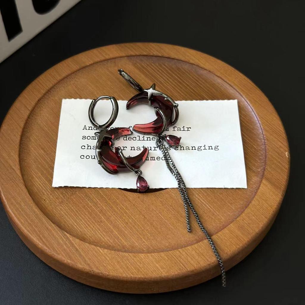 Dark Hot Girl Asymmetrical Red Crescent Tassel Earrings - New Chinese Style Niche Design