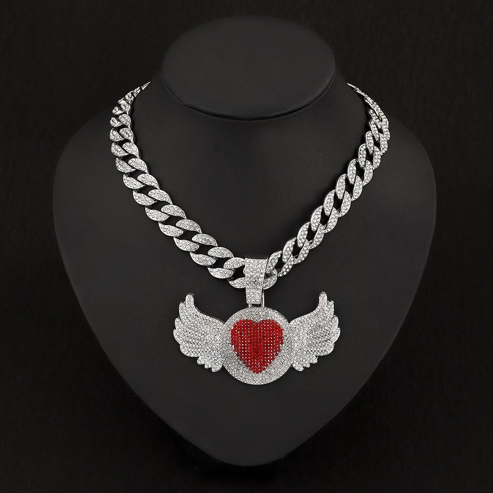 Hip Hop Rap Trendy Creative Pink Diamond Love Angel Wing Pendant Necklace Pink Diamond Love Men's Necklace