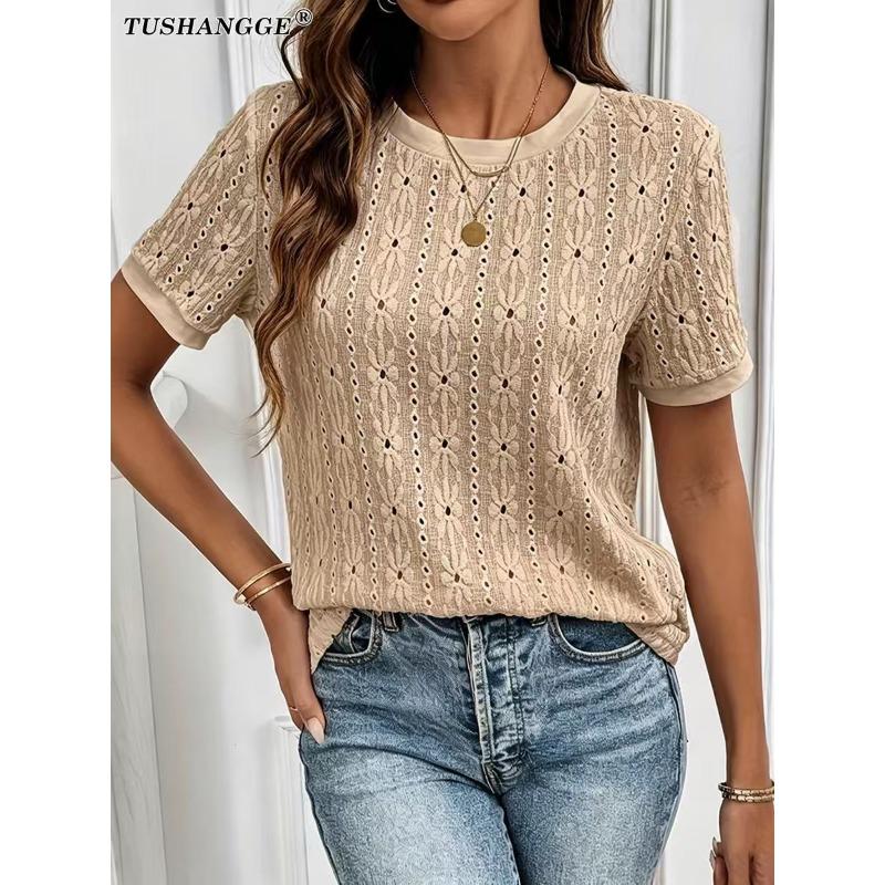 TIFICY Women's Fashion Casual Summer Spring Solid Color Print Short Sleeve O-Neck Blouses & Shirts