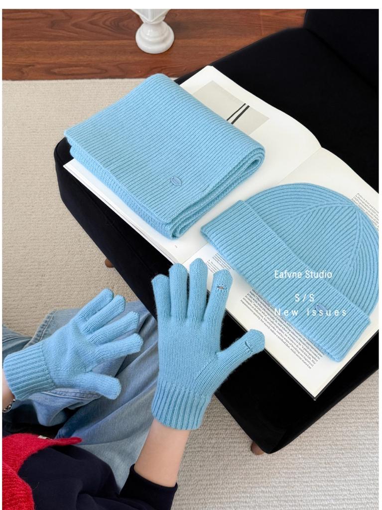 High quality% Australian wool solid color hat scarf gloves three-piece winter warm knitted suit women