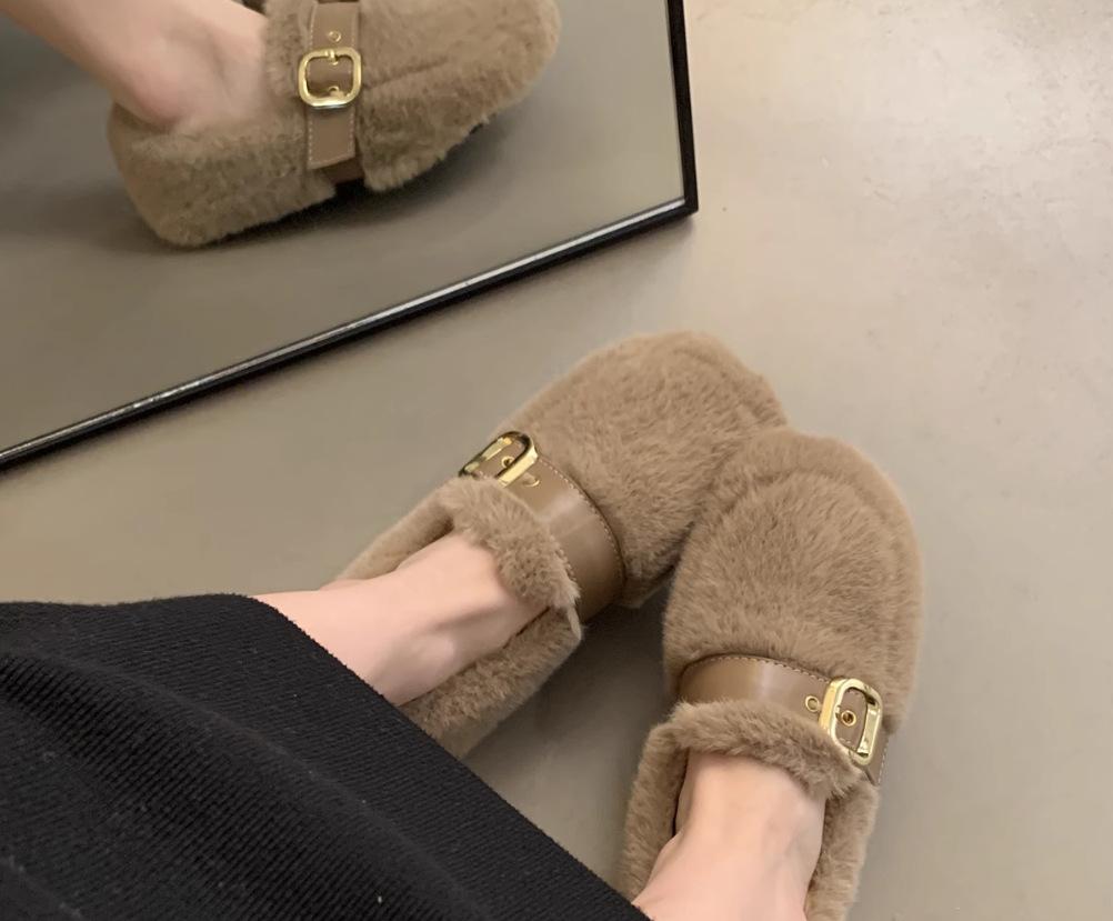 

2025 flat-bottomed velvet Doudou shoes women s new autumn and winter outer wear versatile one-pedal round head warm fairy style shoes 35