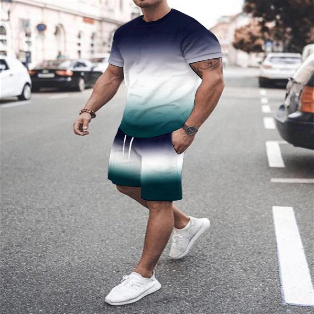 Summer Trend Fashion Men's Gradient Short-Sleeved Shorts Set 3D Print Retro Sports T-Shirt Two-Piece Men Streetwear Sportswear