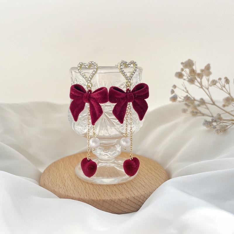 Süße Rote Samt Schleife Lange Quasten Ohrringe für Damen Exquisite Glänzende Zirkonia Herz Ohrringe Hochzeitsfeier Schmuck Geschenke