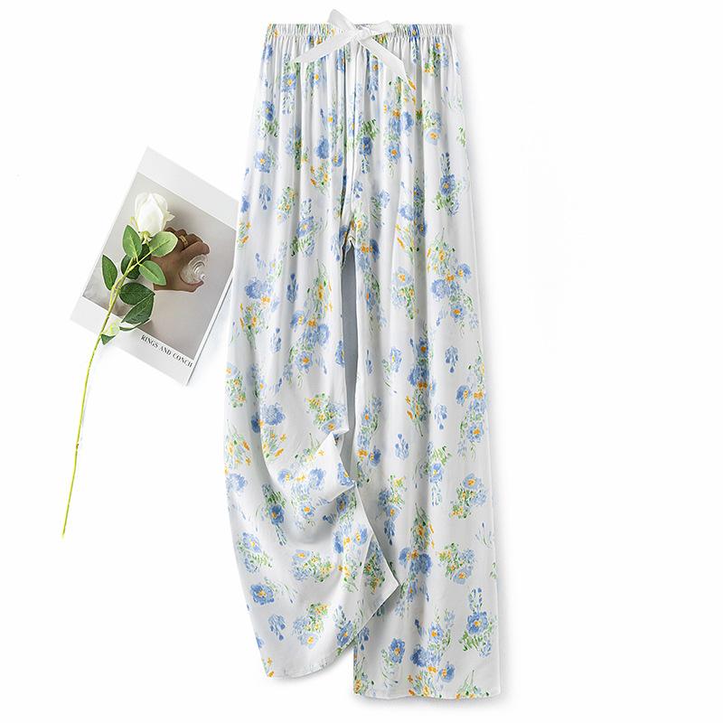 Pantaloni de pijama din bumbac mătase pentru femei, secțiune subțire de vară, anti-țânțari, pantaloni cu picior lat, culoare uni, pentru exterior, casă, petrecere a timpului liber, imprimeu, pantaloni de plajă până la genunchi
