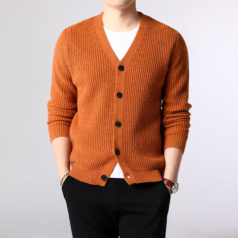 2023 Autumn Men s Slim Fit Jacquard Knit Cardigan, Korean Style, Long Sleeve, Solid Color Sweater XXXL оранжевый