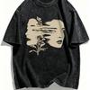 Vintage Washed Abstract Face Graphic TShirt Surreal Art Print Oversized Unisex Streetwear Tee Retro Aesthetic Top for Men Women