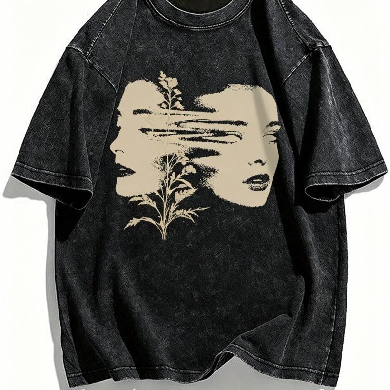 Vintage Washed Abstract Face Graphic TShirt Surreal Art Print Oversized Unisex Streetwear Tee Retro Aesthetic Top for Men Women