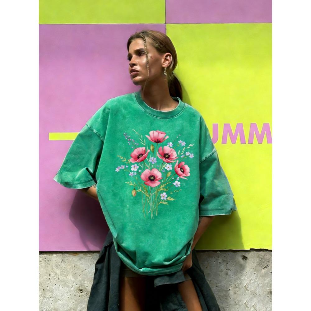 Mooie Waterverf Bloemen Gedrukt Gewassen T-shirt Dames Zomerlos T-shirt Straat Korte Mouwen Katoenen Kleding
