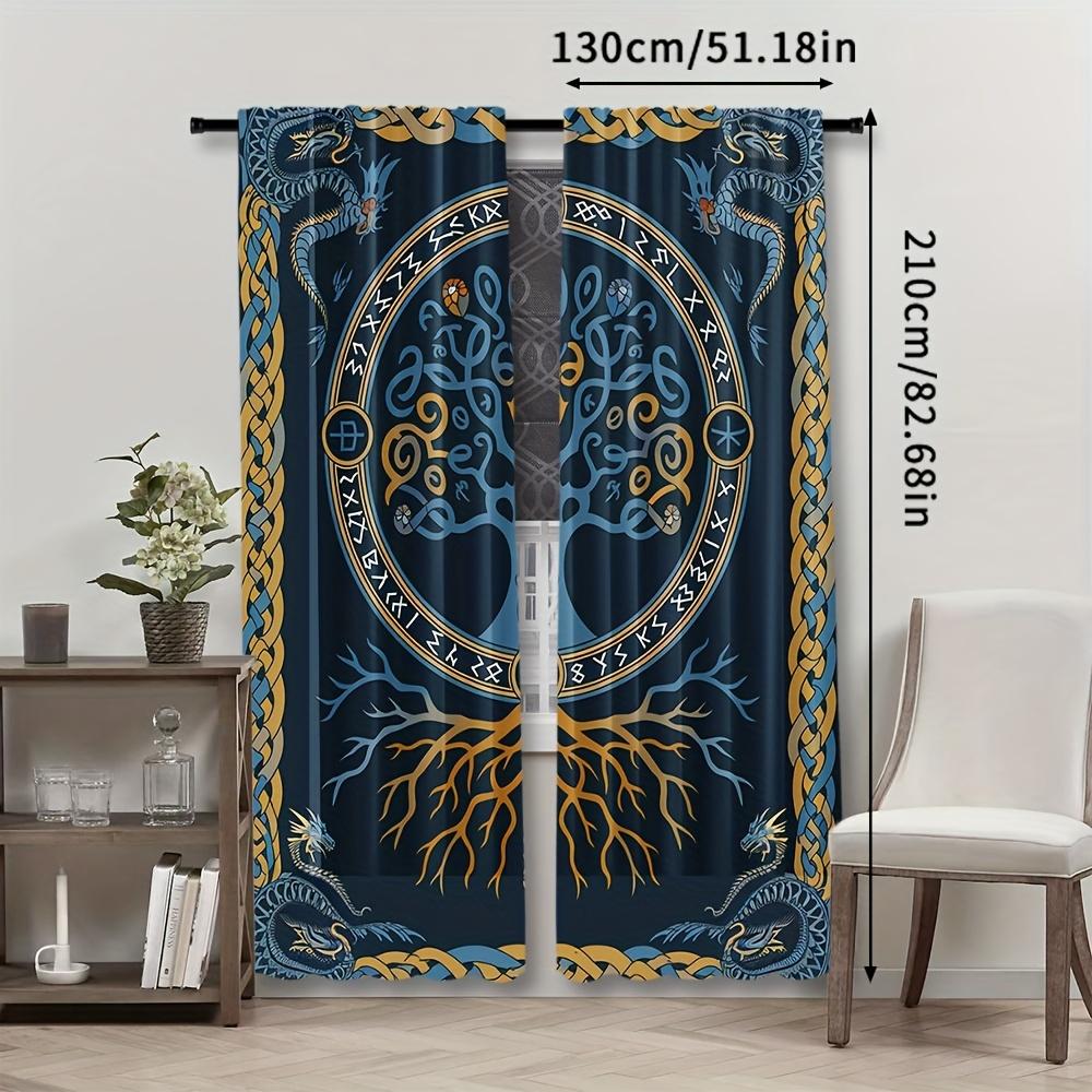 Set Of 2 Viking Tree Life Curtains Scandinavian Pirate Style Woven Polyester Pongee Semi Sheer Roller Embossing Mach Curtain With Room Darkening