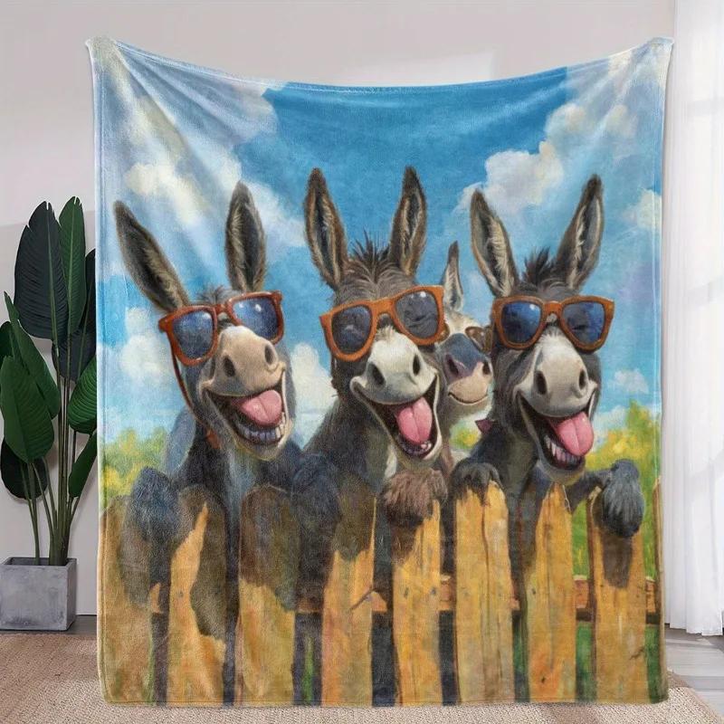 

Blue sky little donkey pattern Flannel printed blanket suitable for all seasons suitable for living room office sofa and travel 75x100cm