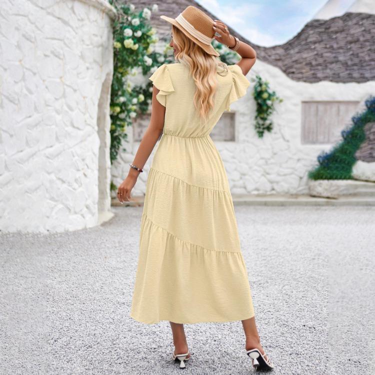 Vestido Feminino de Verão Casual Decote V Slim Cor Sólida Linha A Cintura Alta Camadas Vestidos Longos Primavera Manga Curta Folha de Lótus S-XL