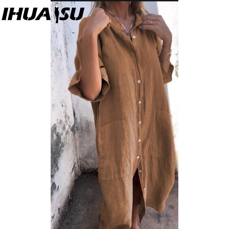 IHUASU Women's Fashion Summer Spring Solid Color Print POLO Neck High Waist Casual Dresses