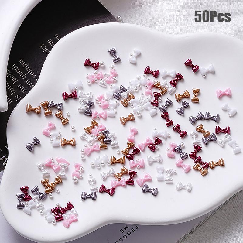 

50/200Pcs Exquisite Small Bow Tie Mixed Pearls Elegant Nail Art Accessories Simplicity Nail Decor Parts Diy Manicure Supplies 50Pcs