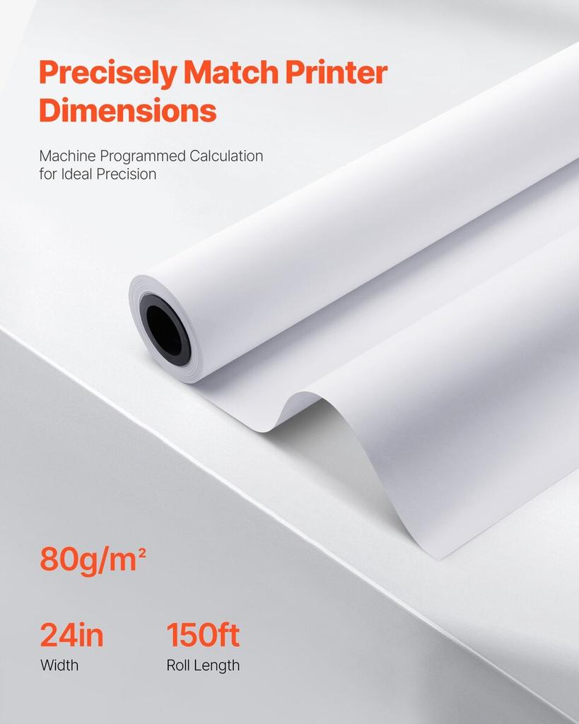 Wide Format Paper, 609.6 mm x 45.7 m Plotter Roll, 8 Rolls CAD Bond Rolls with 50.8 mm Core, 80 GSM Plotter Roll Rolls, for CAD Drawings, Engineering
