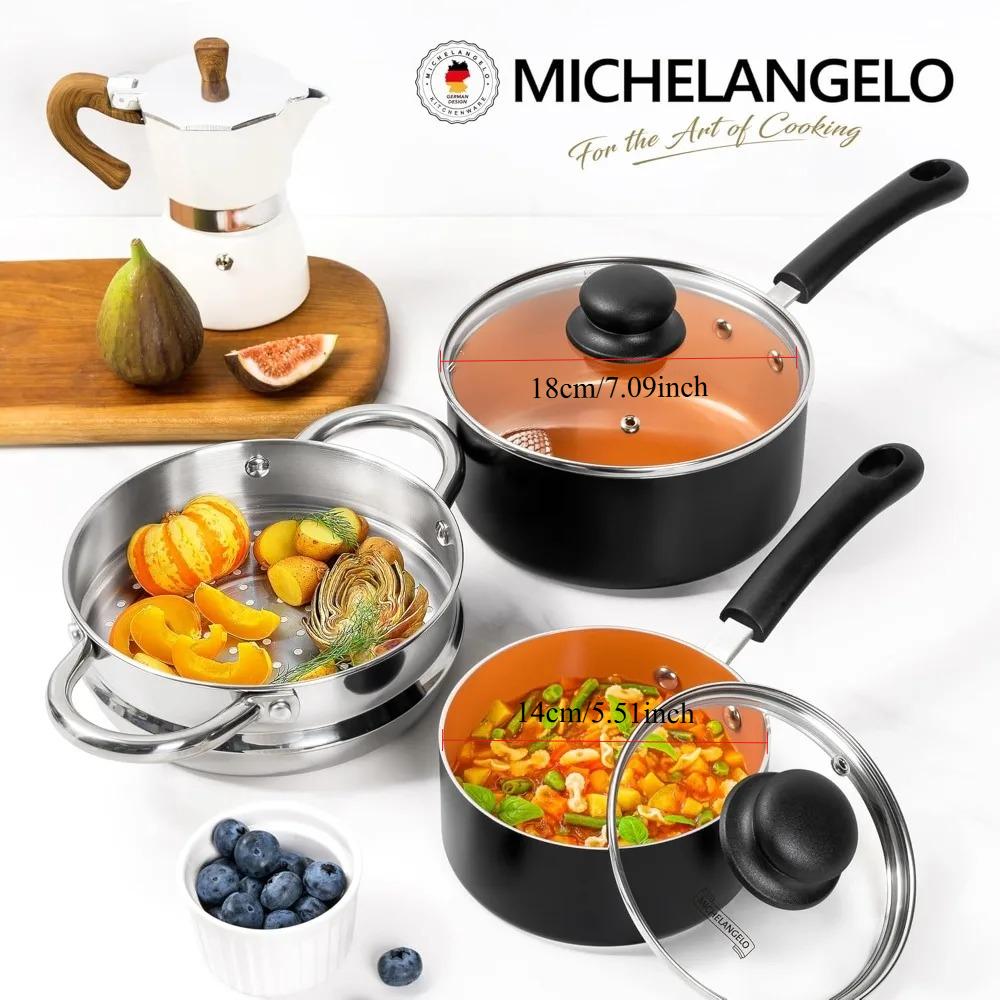 MICHELANGELO Non-stick Cooking Pot with Lid 1QT and 2QT Ceramic Pot Set (with Steamer) Small Copper Pot Set PFAS Free