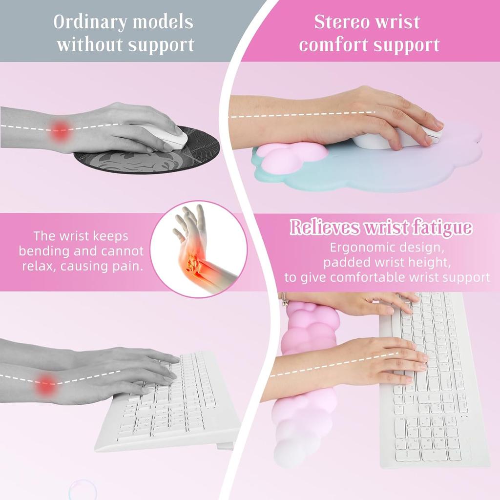 Cloud Keyboard Wrist Rest Mouse Pad Wrist Arm Support Set with Ergonomic Cute Memory Foam for Computer Office Laptop Gaming Cyan Purple Pink