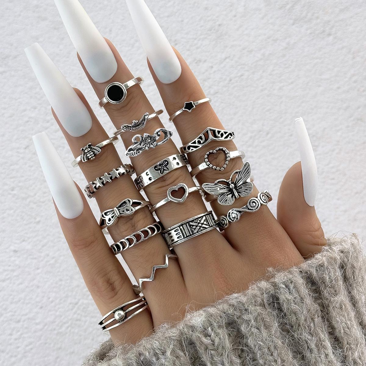 

Комплект из 17 женских колец Cross Border Jewelry, персонализированный модный стиль, ажурное кольцо с бабочкой, звездой и каплями масла