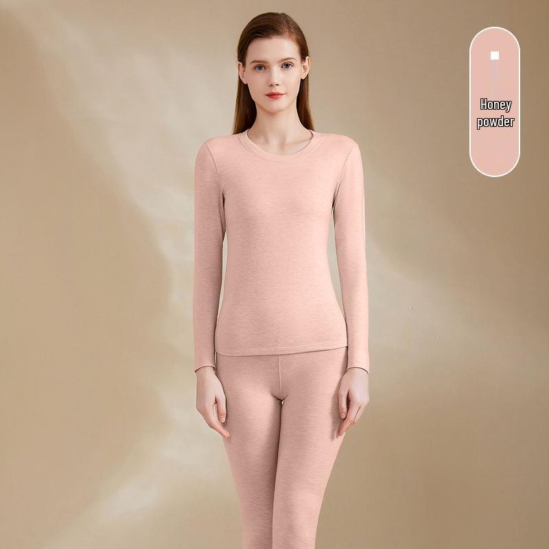 Cashmere Silk Round Neck Edged Antibacterial Fleece-Lined Women's Autumn Undershirt & Pants Set - Warm & Skin-Beautifying.