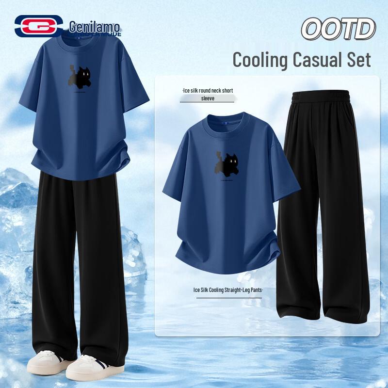 

GENIOLAMODE Men s Ice Silk Joyful Cat T-Shirt & Long Pants Two-Piece Set 2XL