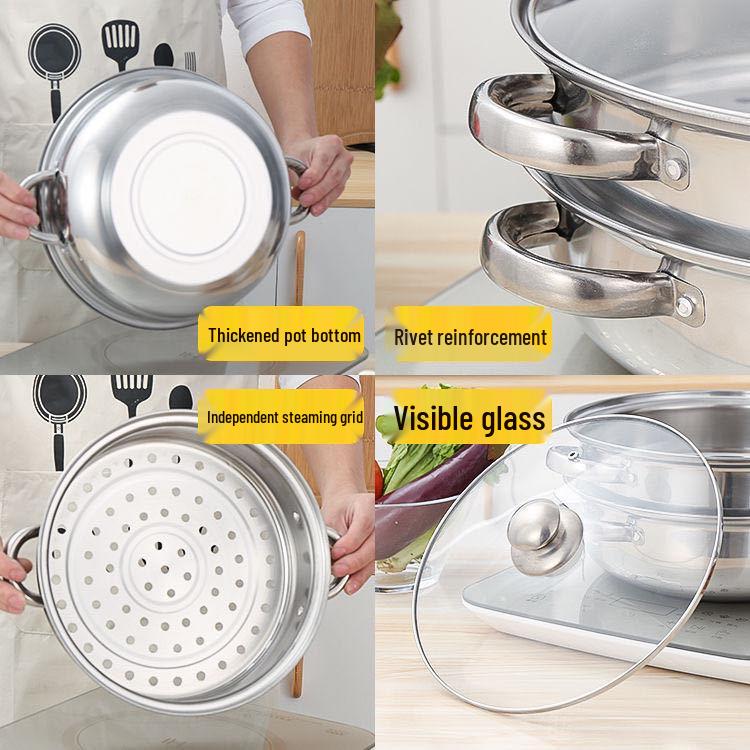 Stainless Steel Double-Layer 28cm Steamer Pot with Handles - Large Capacity for Soups & Hot Pots