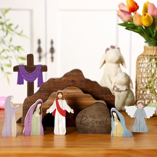 9Pcs/Set Empty Tomb Jesus Decoration Easter He Is Risen Wooden Table Sign Home Office Tabletop Resurrection Scene Christian Religious Ornament