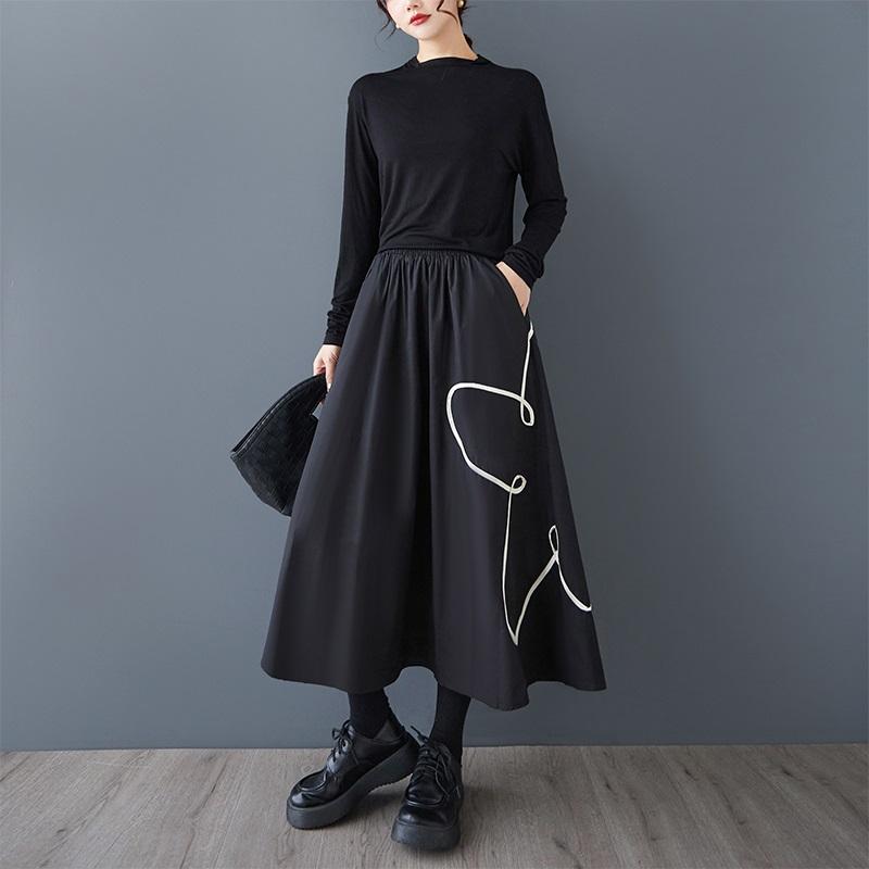 Black Cotton Plus Size High Waist Vintage Spring Autumn Casual Loose Long for Woman Skirts Womens Skirt