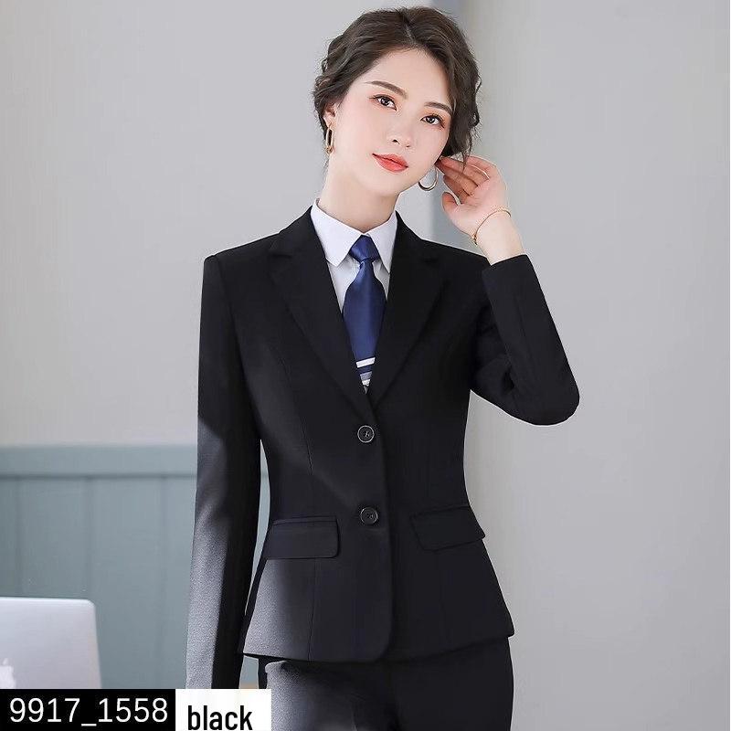 Formelles Schwarzes Anzugset für Damen für Frühling und Herbst - Professionelle Arbeitskleidung mit Jacke für Hotelrezeptionisten