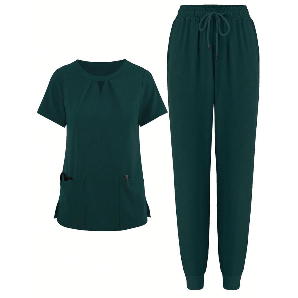 Short Sleeved Solid Color Round Neck Pocket Top Pants Work Clothes Two-Piece Set