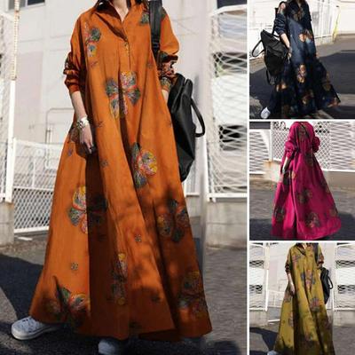 New Women's Boho Floral Maxi Shirt Dress Loose Fit Long Sleeve With Pockets