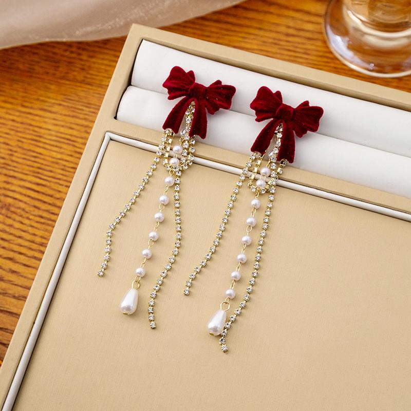 French Retro Niche Bow Fringed Pearl Earrings, Creative High-End Design Long Diamond-Encrusted Earrings For Women