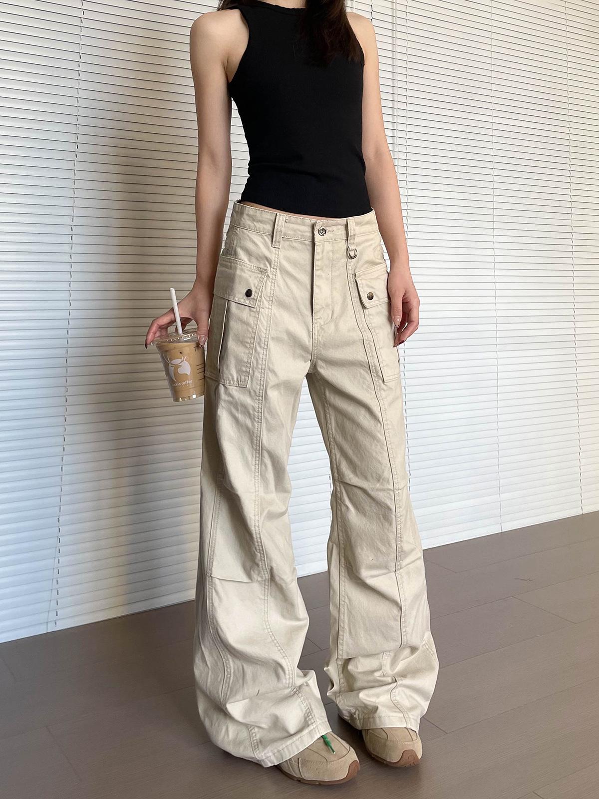 Unisex Retro Multi-Pocket Cargo Pants - Straight Leg, Micro Flare, Slimming Washed Style, Casual and Versatile Trendy Long Pants 3XL абрикосовый