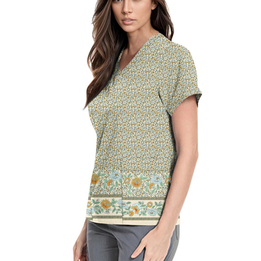 Women's Cute Printed Work Clothes V-neck Double Layer Pockets Basic Short Sleeve Top Pullover Valentines