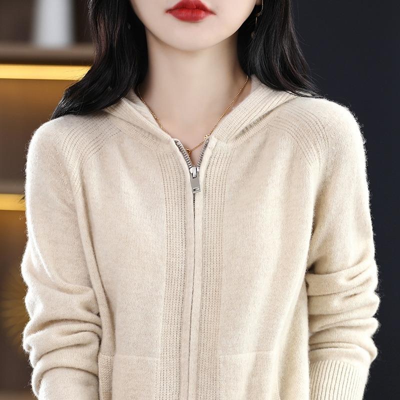 Herbst Reißverschluss Strickjacke Jacke Damen Lässig Einfarbig Kapuze Kaschmir Pullover Mantel Weiblich Wild Stricken Oberteile